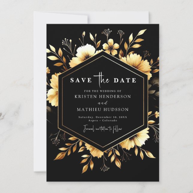 Reserve A Data Casamento Dourado e Negro Moderno Whimsical (Frente)