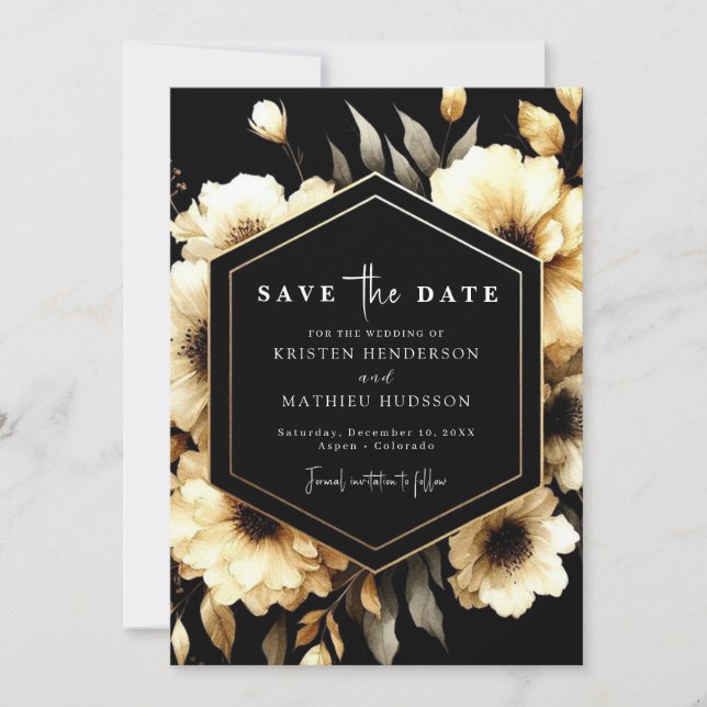 Reserve A Data Casamento Dourado e Negro Rustic Floral (Frente)