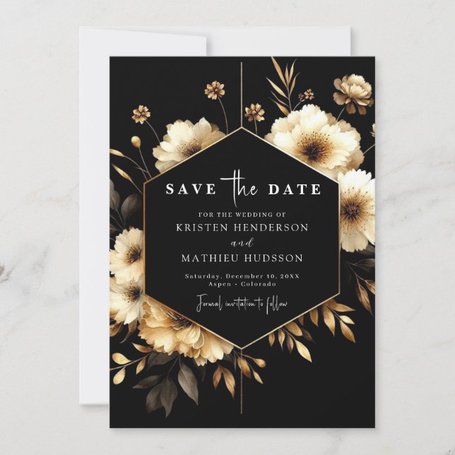 Reserve A Data Casamento Dourado e Preto Imprimível Digital (Frente)