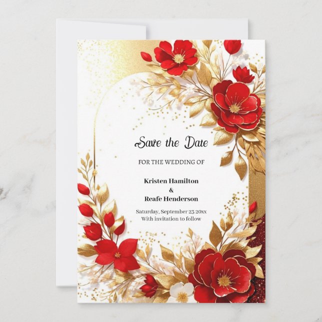 Reserve A Data Casamento Dourado e Vermelho (Frente)