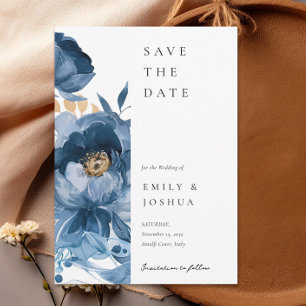 Reserve A Data Casamento Dourado Floral Azul-Sujo