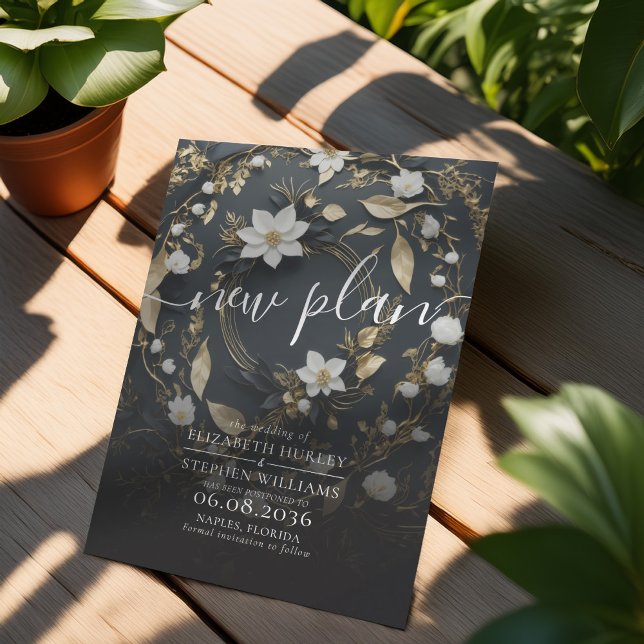 Reserve A Data Casamento Dourado Floral Branco Negro Pós-Adiament (Criador carregado)