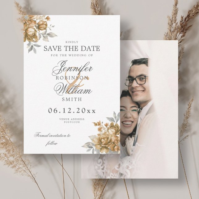 Reserve A Data Casamento Dourado Floral Rústico Foto Salvar Data (Wedding Gold Rustic Floral Photo Save Date Save The Date)