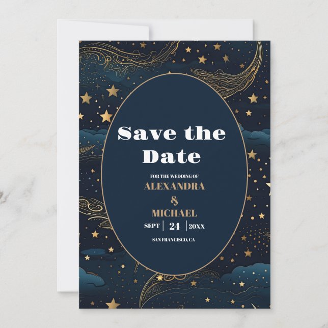 Reserve A Data Casamento Dourado Lua Crescente Celestial (Frente)