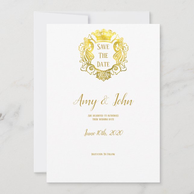 Reserve A Data Casamento Dourado Real De Crest Elegante Salvar A  (Frente)
