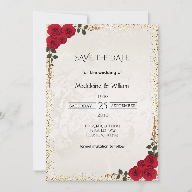 Reserve A Data Casamento Dourado romântico de Rosas vermelhas ele (Frente)