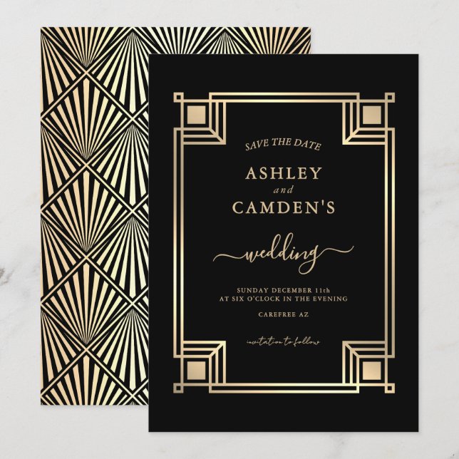 Reserve A Data Casamento Elegante Art Deco em Moldura Dourada (Frente/Verso)
