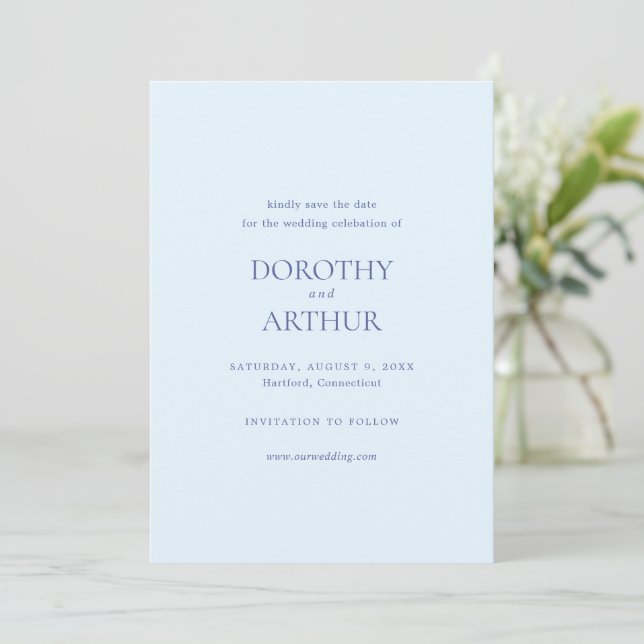 Reserve A Data Casamento Elegante Azul em Pó Moderno (Em pé/Frente)