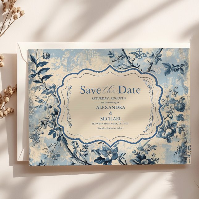Reserve A Data Casamento Elegante Blue Toile De Jouy (Criador carregado)