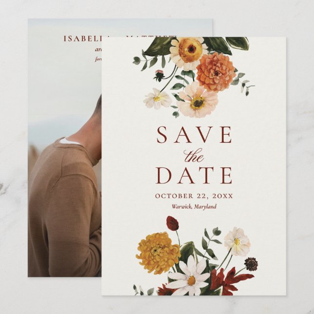 Reserve A Data Casamento Elegante Boho Aquarela Flor Silvestre (Frente/Verso)
