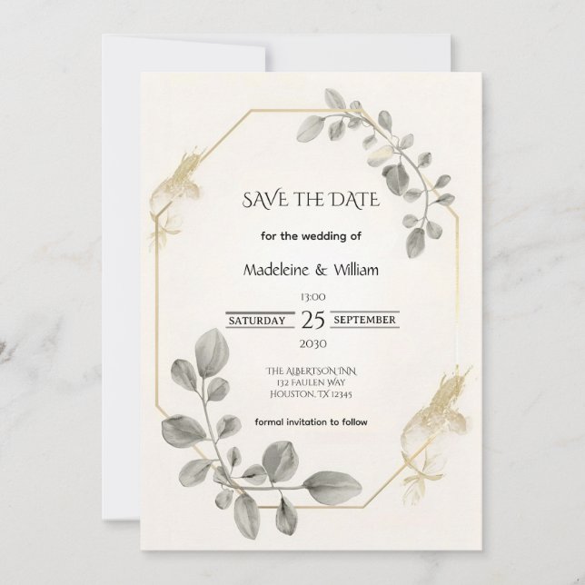 Reserve A Data Casamento Elegante Botânico Dourado Minimalista (Frente)