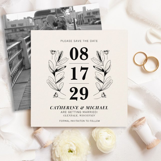 Reserve A Data Casamento Elegante Botânico Vintage Black & Cream (Elegant vintage black & cream retro botanical floral photo square wedding save the date)