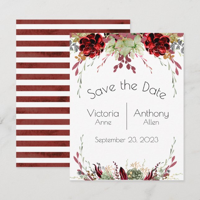 Reserve A Data Casamento Elegante Burgundy Marsala Succulents (Frente/Verso)