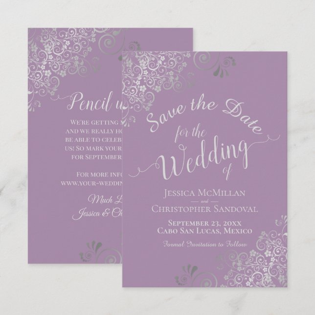 Reserve A Data Casamento Elegante Cinza Prata com Renda Lavanda (Frente/Verso)