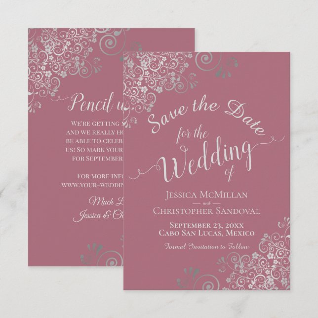 Reserve A Data Casamento Elegante Cinza Prateado com Rosas Empoei (Frente/Verso)