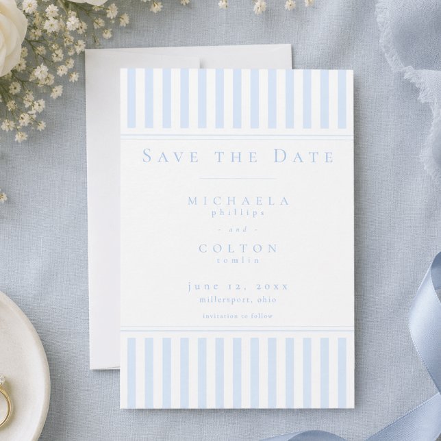Reserve A Data Casamento Elegante Clássico com Listras Azuis (Elegant Classic Blue Stripe Wedding Save The Date)