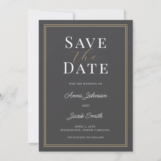 Reserve A Data Casamento Elegante com Borda Dupla em Cinza Carvão (Frente)