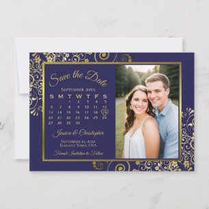 Reserve A Data Casamento Elegante com Calendário e Foto em Azul N