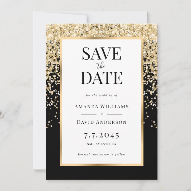 Reserve A Data Casamento Elegante com Confetes Preto e Dourado (Frente)