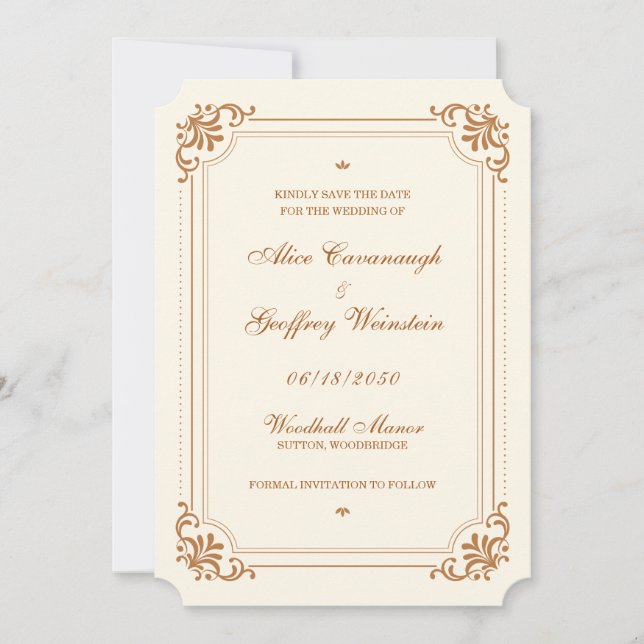 Reserve A Data Casamento Elegante com Floral Antigo em Marfim (Frente)