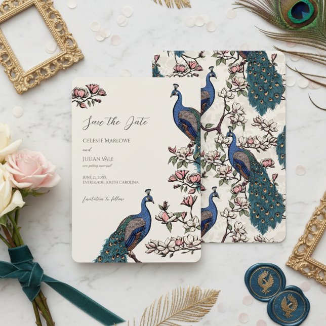 Reserve A Data Casamento Elegante com Floral de Marfim e Pavão (Ivory Peacock Save the Dates for Modern Bird Wedding. Vintage Floral Peacock Chinoiserie Engagement )