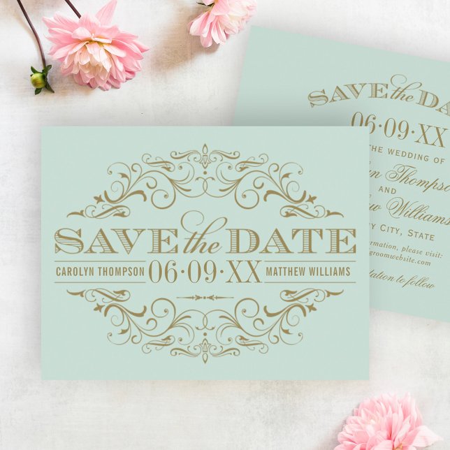 Reserve A Data Casamento Elegante com Floreio de Ouro e Hortelã (Criador carregado)