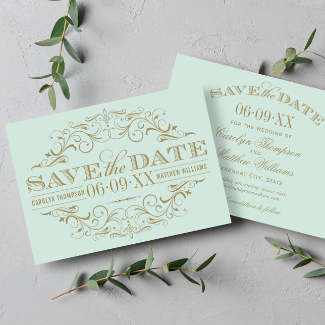 Reserve A Data Casamento Elegante com Floreio Dourado em Hortelã (Criador carregado)
