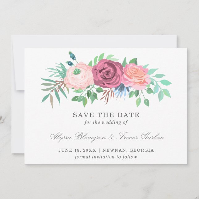 Reserve A Data Casamento Elegante com Flores Rosa (Frente)