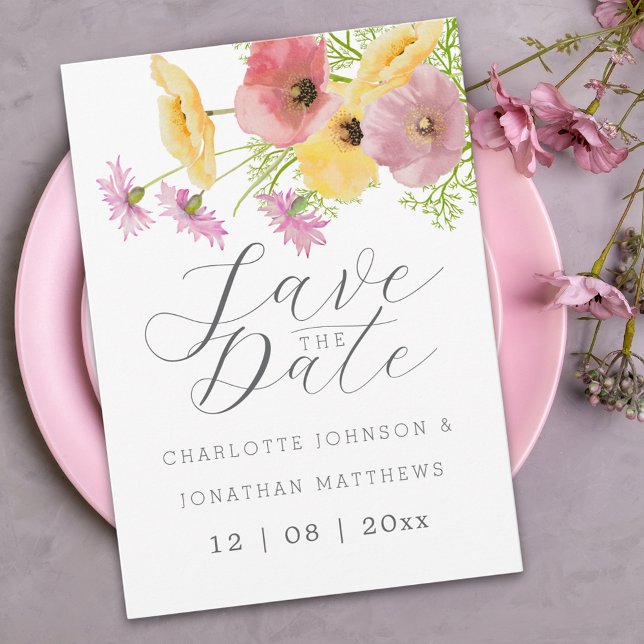 Reserve A Data Casamento Elegante com Flores Silvestres Rosa e Am (Elegant script watercolor wildflower yellow & pink floral wedding save the date invitation)