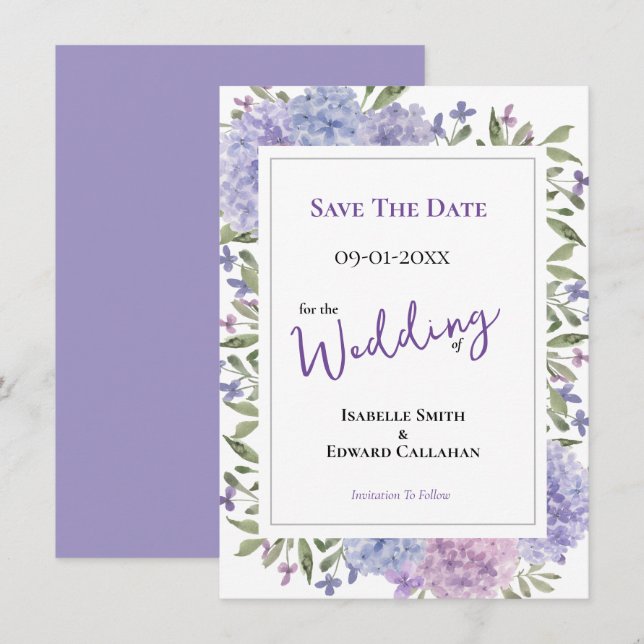 Reserve A Data Casamento Elegante com Hortênsias Lilás e Azul Des (Frente/Verso)