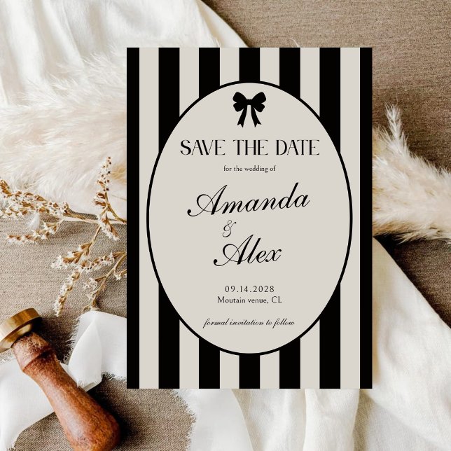 Reserve A Data Casamento Elegante com Laço Preto à Antiga (Criador carregado)