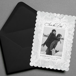 Reserve A Data Casamento Elegante com Renda Branca Vintage 2 Foto