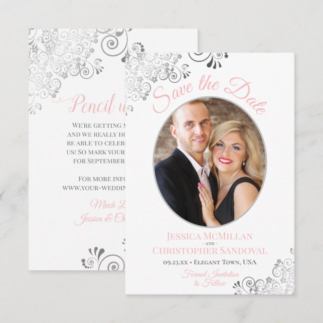 Reserve A Data Casamento Elegante com Renda Prata Foto Rosa Cinza (Frente/Verso)