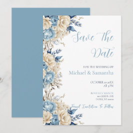 Reserve A Data Casamento Elegante com Rosa Azul e Marfim