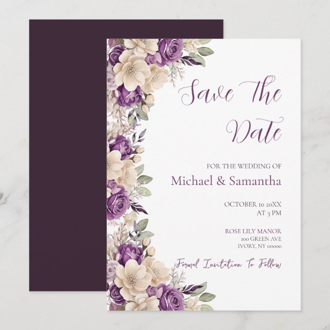 Reserve A Data Casamento Elegante com Rosa Roxa e Marfim (Frente/Verso)