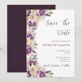 Reserve A Data Casamento Elegante com Rosa Roxa e Marfim