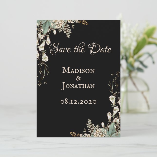 Reserve A Data Casamento Elegante com Script Floral Preto (Em pé/Frente)