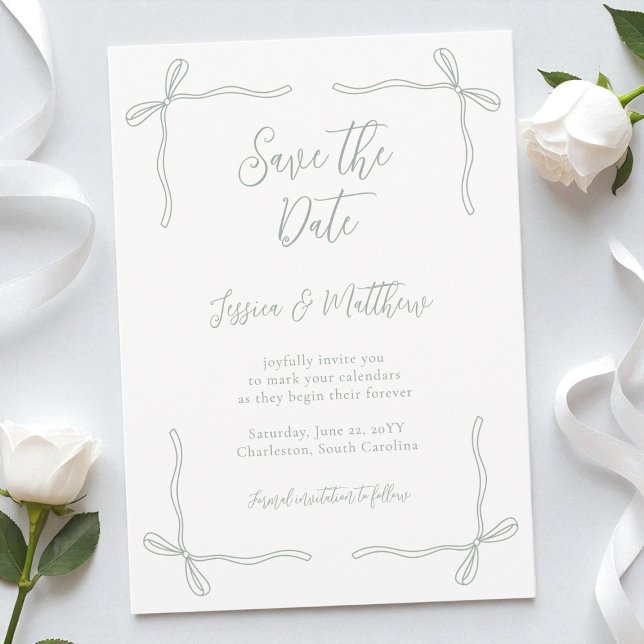 Reserve A Data Casamento Elegante Coquette Verde Sage Arcos e Vot (Elegant Coquette Sage Green Bows and Vows Wedding Save The Date)
