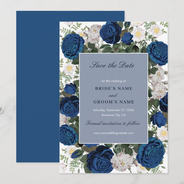 Reserve A Data Casamento Elegante De Aquarela Azul Moderno (Frente/Verso)