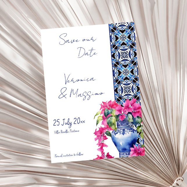 Reserve A Data Casamento elegante de Bougainvillea, Azulejos fran (Blue French Talavera Azulejo Tile Bougainvillea elegant Mediterranean wedding Save The Date template)