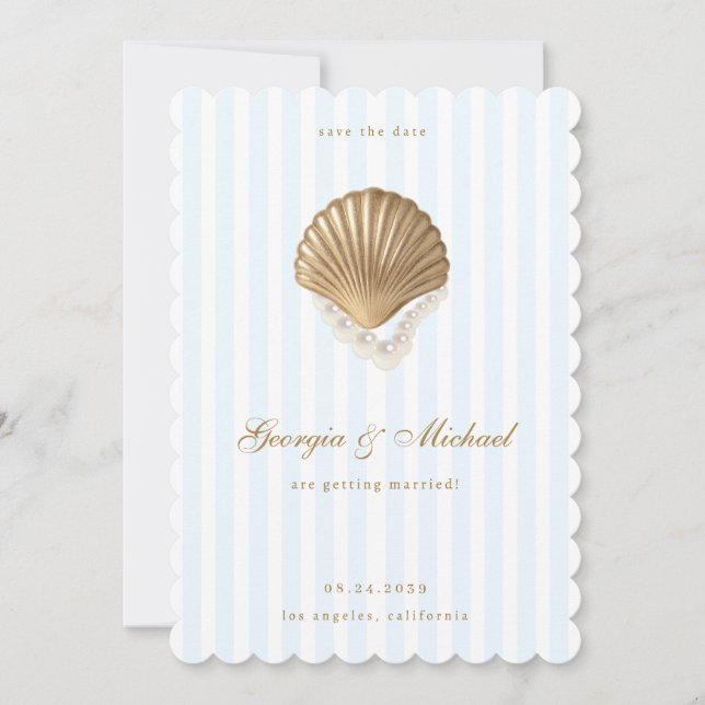 Reserve A Data Casamento Elegante de Concha de Ouro & Azul Costei (Frente)