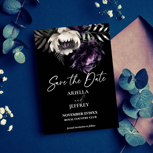 Reserve A Data Casamento elegante de feiticeiro com alma escura (Dark moody boho elegant purple peonies wedding save the date card editable template digital download)