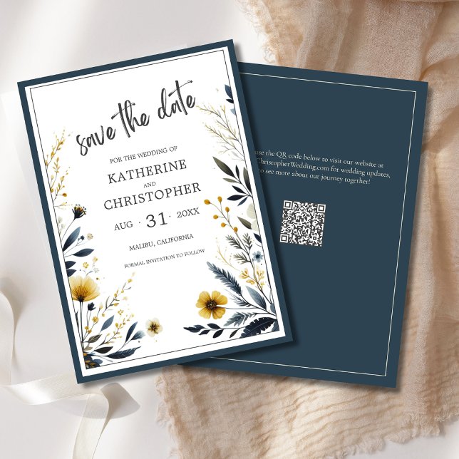 Reserve A Data Casamento Elegante de Flores Amarelas Azul (Blue Yellow Wildflower Floral Elegant Wedding Save the Date with QR Code for Wedding Website.)
