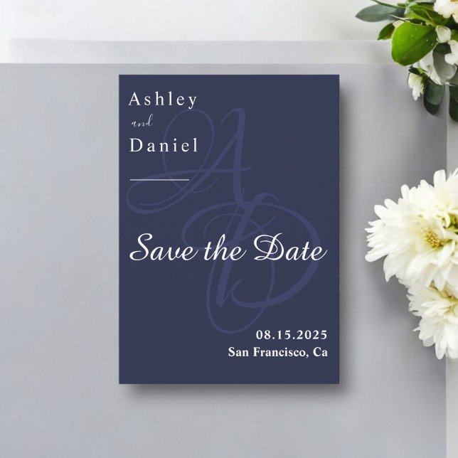 Reserve A Data Casamento Elegante de Monograma Branco Azul de Mar (Criador carregado)