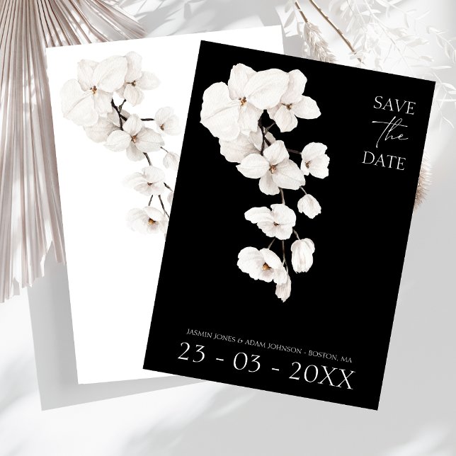 Reserve A Data Casamento Elegante de Orquídeas Negra e Branca (Modern Black and White Orchids Floral Wedding Save the Dates)