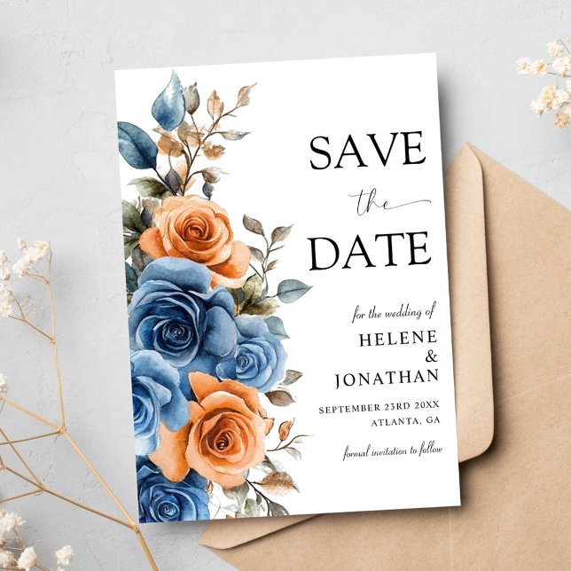 Reserve A Data Casamento Elegante de Terracotta Rust Marinho Azul (Garden Navy Blue Terracotta Rust Elegant Wedding Save The Date)