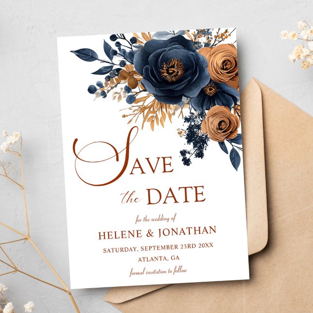 Reserve A Data Casamento Elegante do Jardim de Terracotta Azul Ma (Floral Navy Blue Terracotta Garden Elegant Wedding Save The Date)