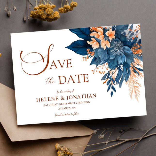 Reserve A Data Casamento Elegante Do Jardim Floral De Laranja Azu (Navy Blue Orange Floral Garden Elegant Wedding Save The Date)