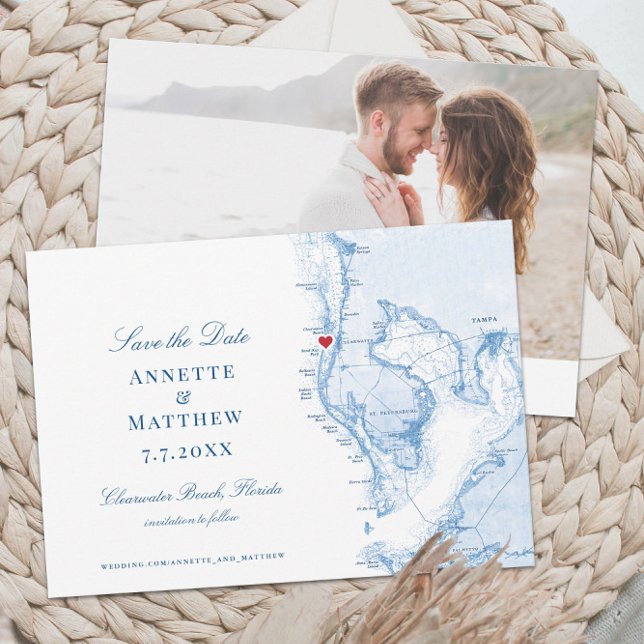 Reserve A Data Casamento Elegante Do Mapa Da Flórida Clearwater B (These Clearwater Beach Florida save the dates feature an elegant map of Tampa bay and your photo)