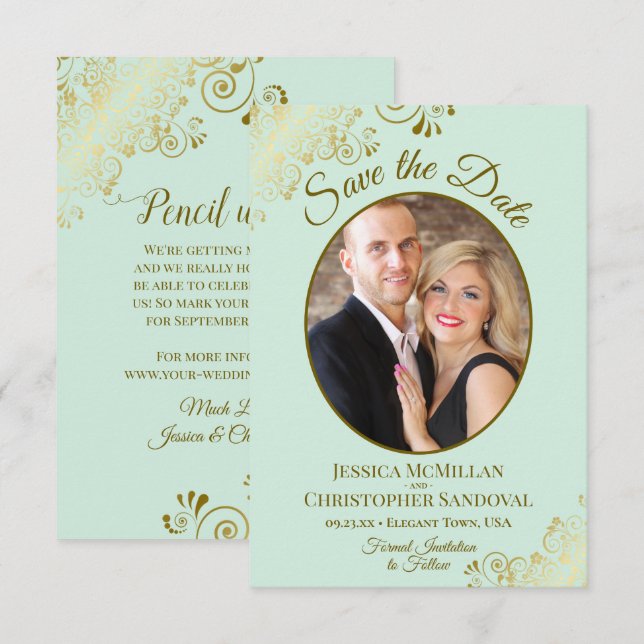 Reserve A Data Casamento Elegante Dourado com Ondas e Foto em Ver (Frente/Verso)